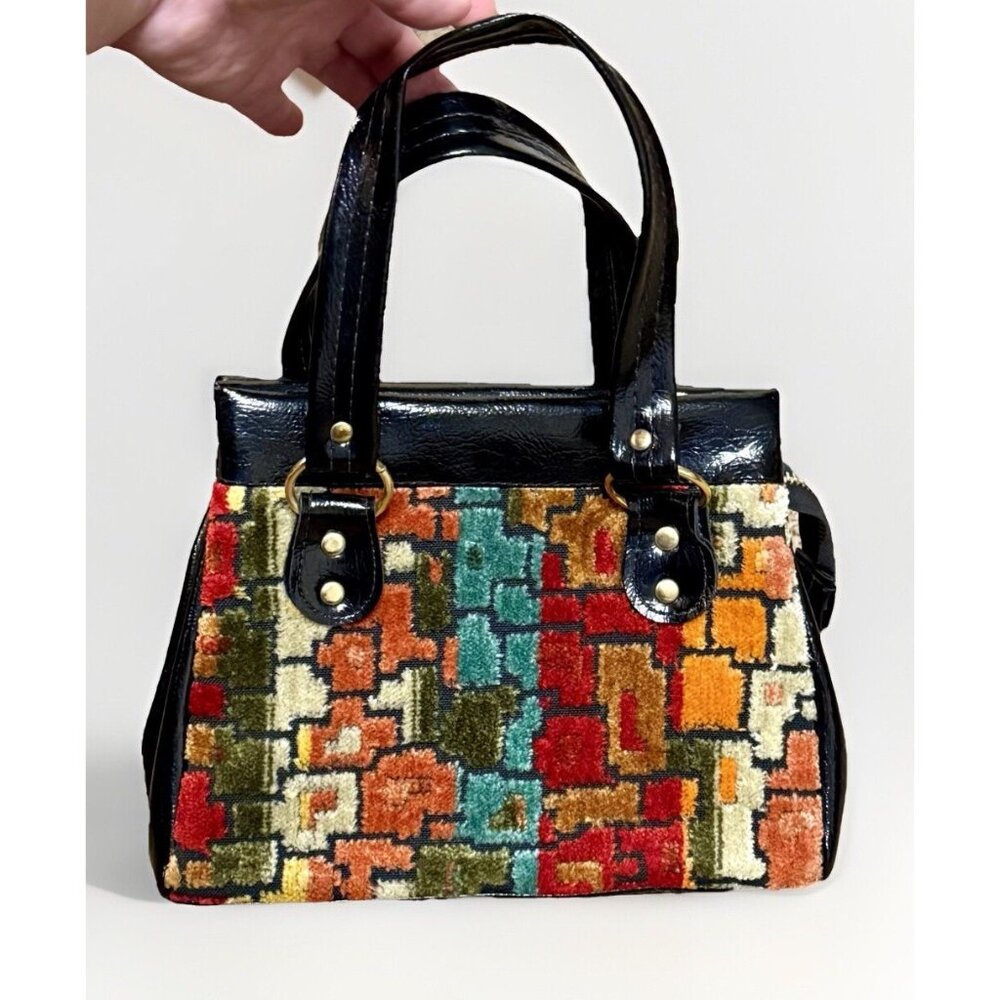 1960’s Velour Patchwork Purse Tapestry Handbag Mod Carpet Bag MCM Vintage UNIQUE